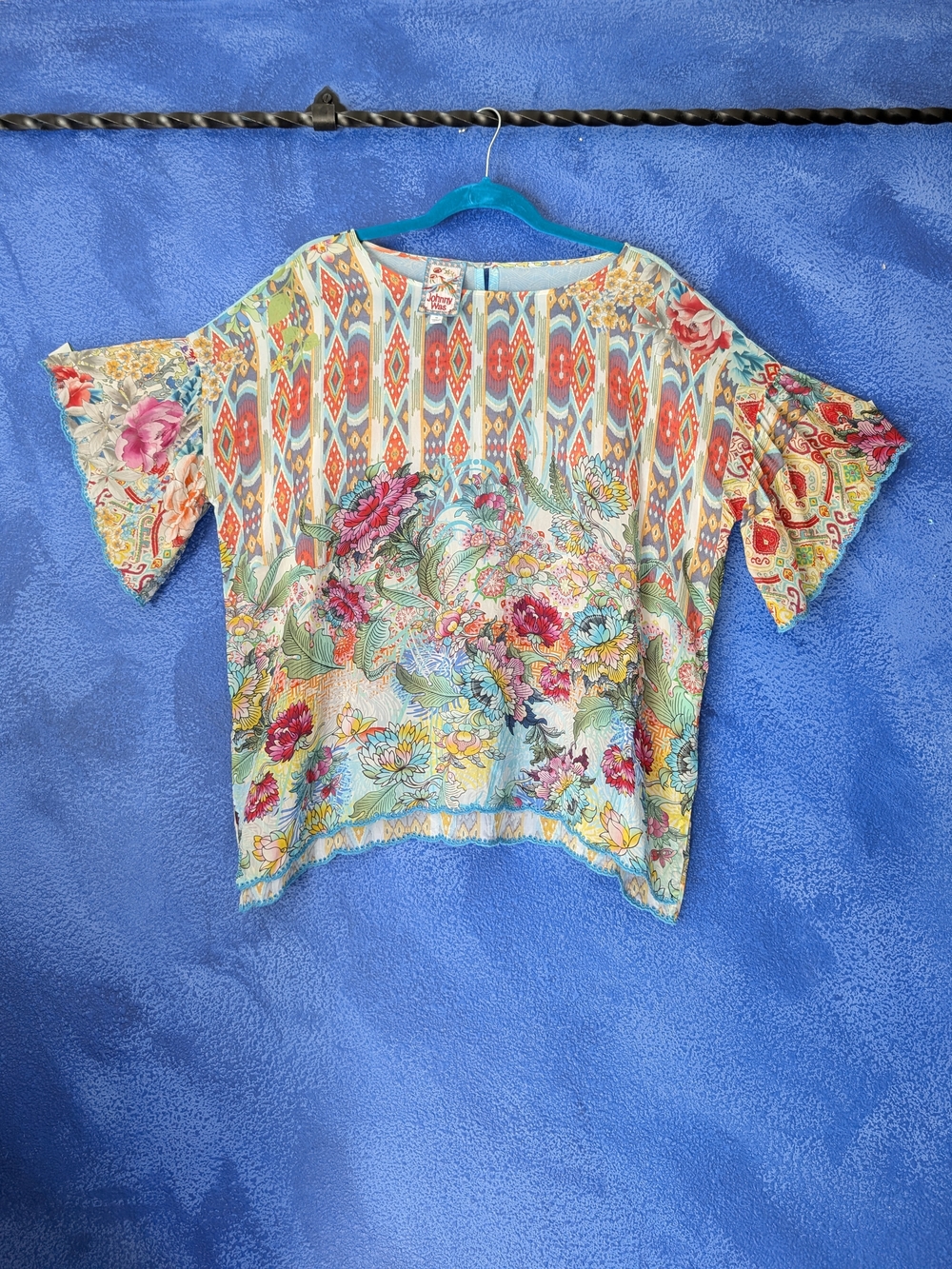 Johnny Was Belize Eloise Silk Top Boho Floral And Fish Print Short Sleeve
